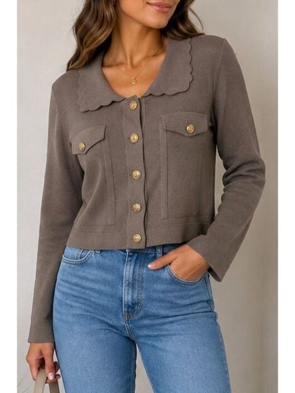 Mystree Women's Brown Knit Cardigan Sweater Jacket S Scalloped Collar Statement